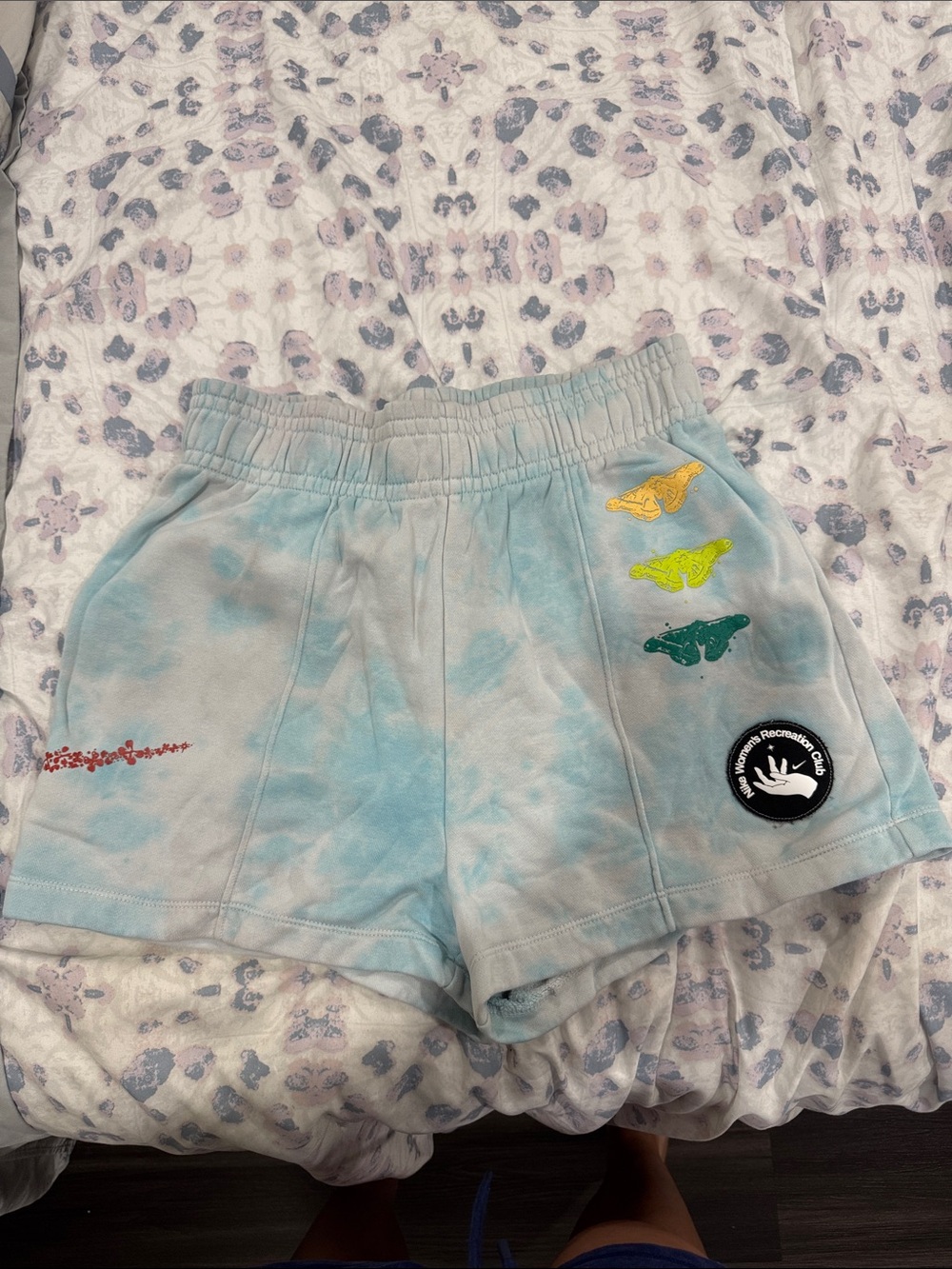 Women’s Tie-Dye Blue Cotton Shorts with Embroidered Patches